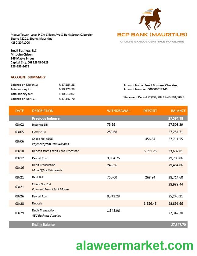 BCP Bank enterprise account statement Word and PDF template